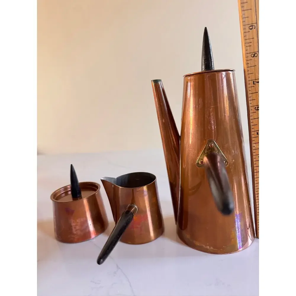 Vintage Copral Portugal Copper Coffee Pot Set Creamer Sugar Spike Wood Handle